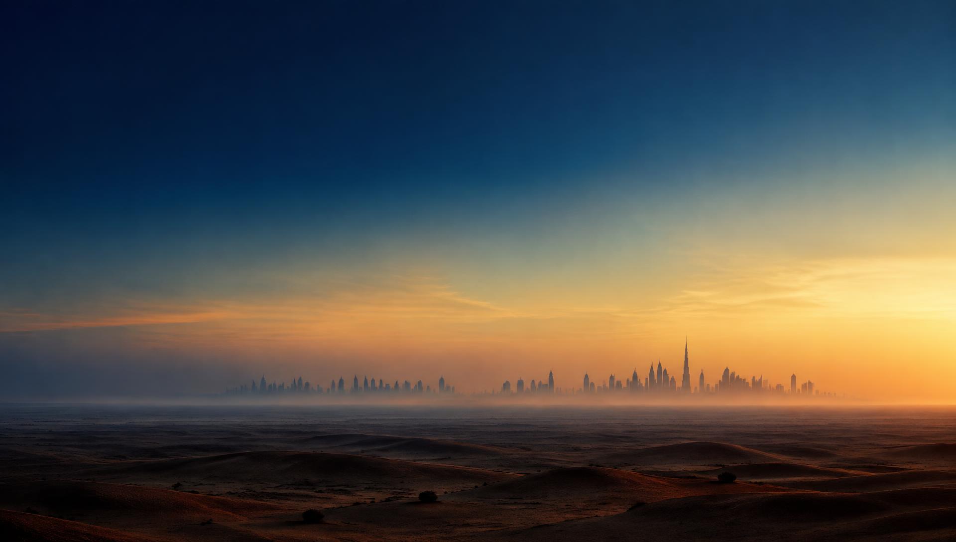 Desert horizon at dawn with a distant city skyline